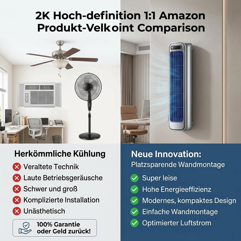 Hoffmarkt Cooling Ace Kompakter leiser Wandventilator ohne Bohren, ideal für Küche, Bad & Schlafsaal