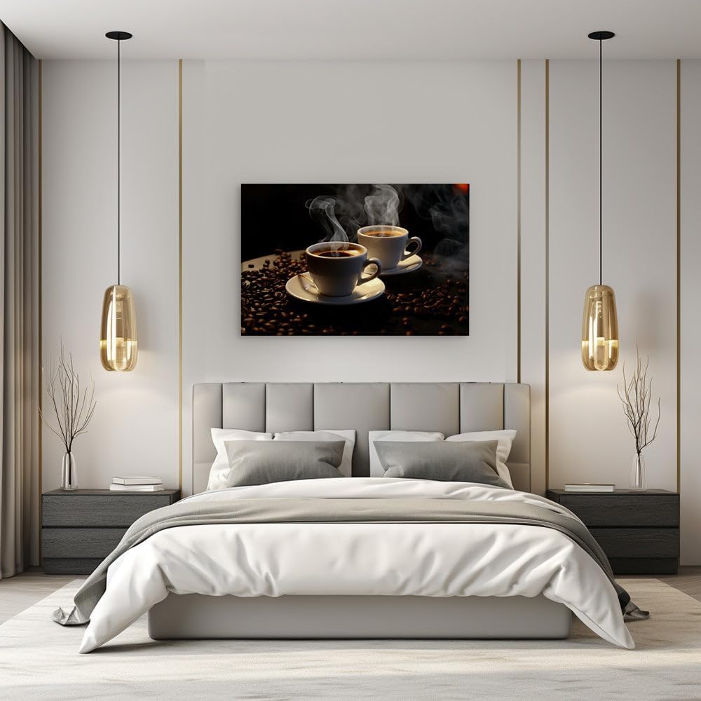 Canvas for Living room. Warmth in Every Sip � The Cozy Embrace of Steaming Coffee and Scattered Beans, 27 x 18 inch Canvas Wall Art - Abstract By Atmosphere - Nature Home Decor