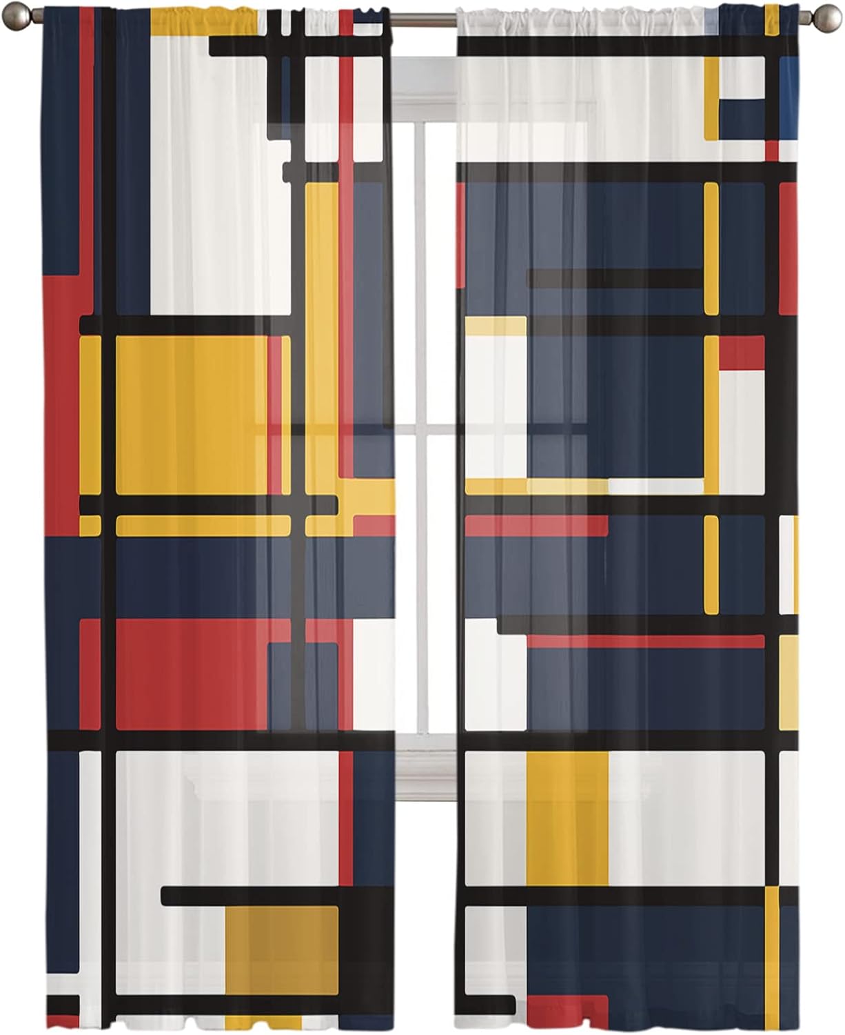 Geometric Red Sheer Curtains 72 Inch Length 2 Panels Set for Living Room/Bedroom,Abstract Yellow Navy Plaid Minimalist White Semi Curtain Sheers Drapes Rod Pocket Curtains Window Treatment Set 52x72x2