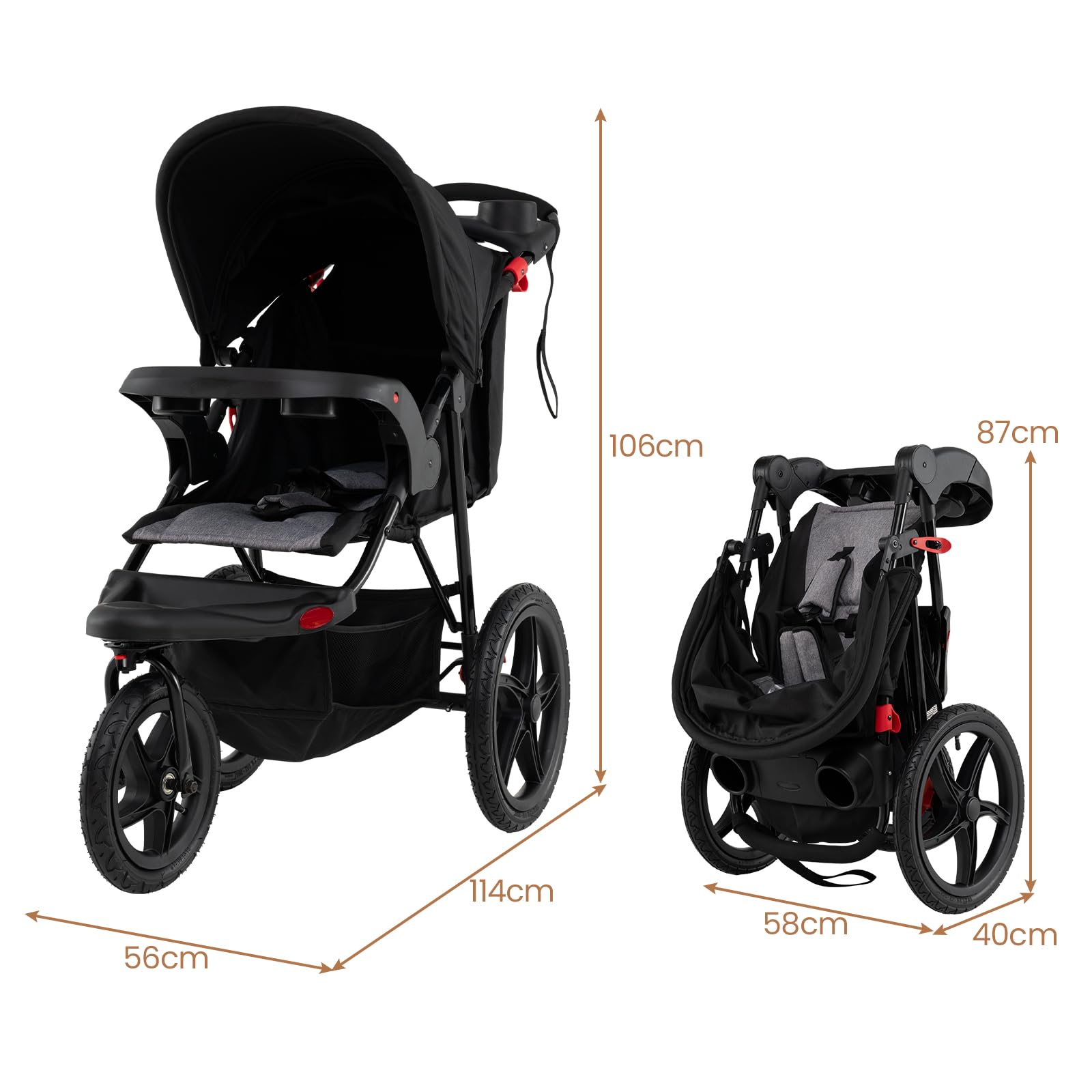 LIFEZEAL Kinderwagen klappbar, Kinderbuggy mit 3 Rädern, verstellbarem Sonnenschutz & 5-Punkt-Gurt, Buggy mit abnehmbarem Tablett & Getränkehalter, bis 22 kg, Schwarz