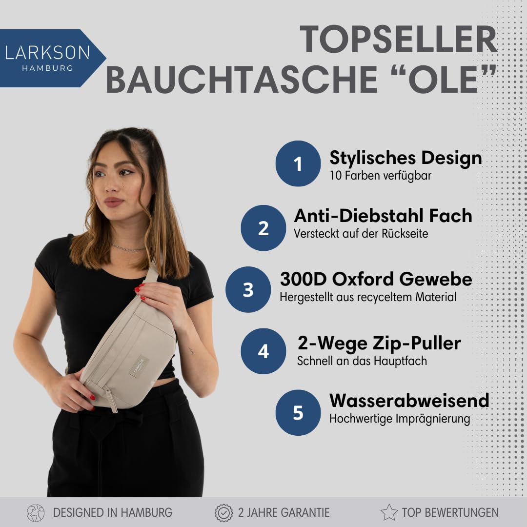 LARKSON Bauchtasche Damen & Herren Beige - Ole - Hüfttasche für Sport Outdoor Stadt - Gürteltasche Stylisch für Festival - Crossbody Bag mit Gurt - Wasserabweisend