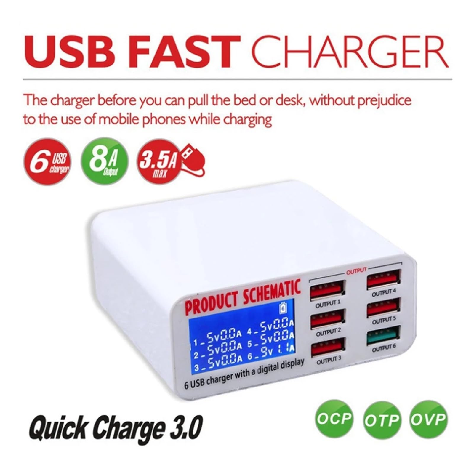 6 Cargador USB HUB Rápido Puertos Multipuertos Estación De Carga Pantalla LED For Teléfonos Inteligentes Capacidad De Carga RáPida