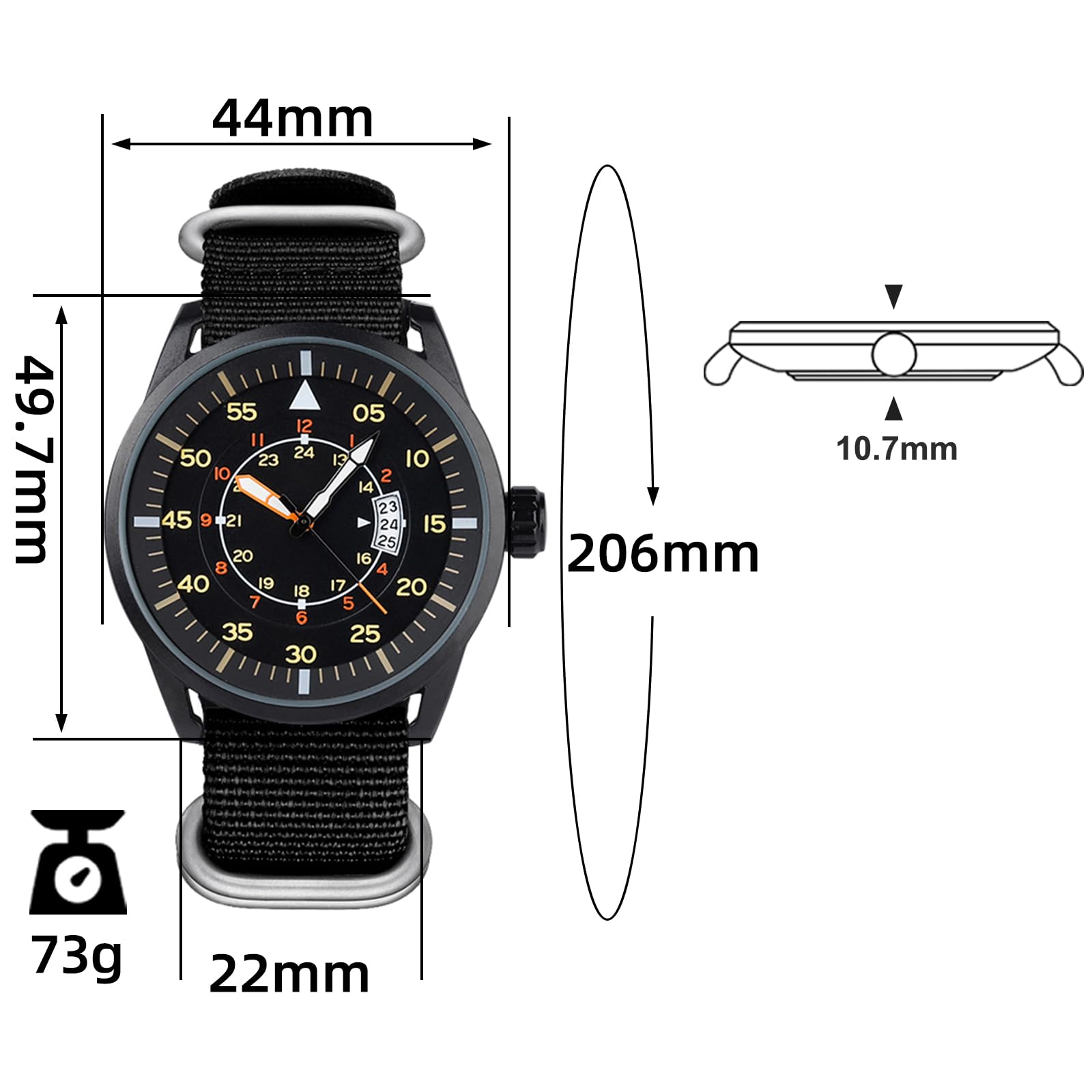 addies Reloj militar de 44 mm para hombre, pantalla de 3 fechas, resistente al agua, resistente al agua, para exteriores, correa de nailon de secado rápido