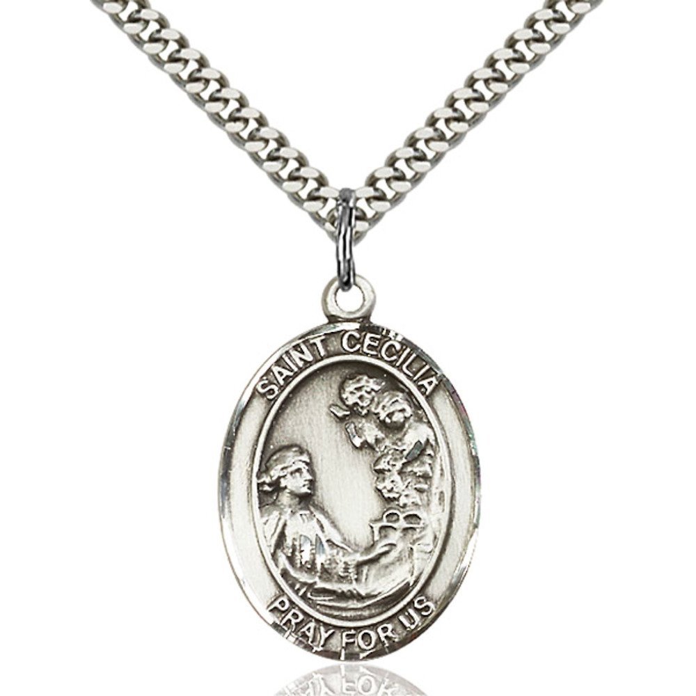 Bonyak Jewelry Saint Medal Collection Sterling Silver St. Cecilia Pendant 1 x 3/4 inches with Heavy Curb Chain