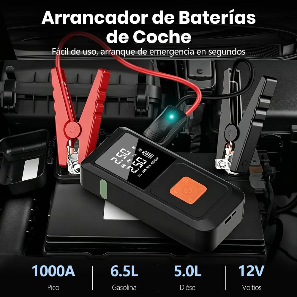 Junsun Arrancador de Batería 12V con Compresor de Aire 150 PSI y Power Bank 10000mAh, Inflador Portátil para Coche Gasolina y Diésel, Arranque de Emergencia, Pantalla LCD, Carga Rápida y Luz LED