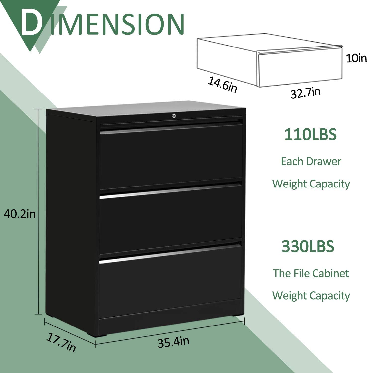 INVIE 3 Drawer Lateral File Cabinet for Home Office with Lock Metal Filing Cabinet, Lockable Large Capacity Cabinets 2 Keys and 6 Adjustable Hanging Bars, Black(Easy Assembly) 40H35.4L17.7W inches : Office Products