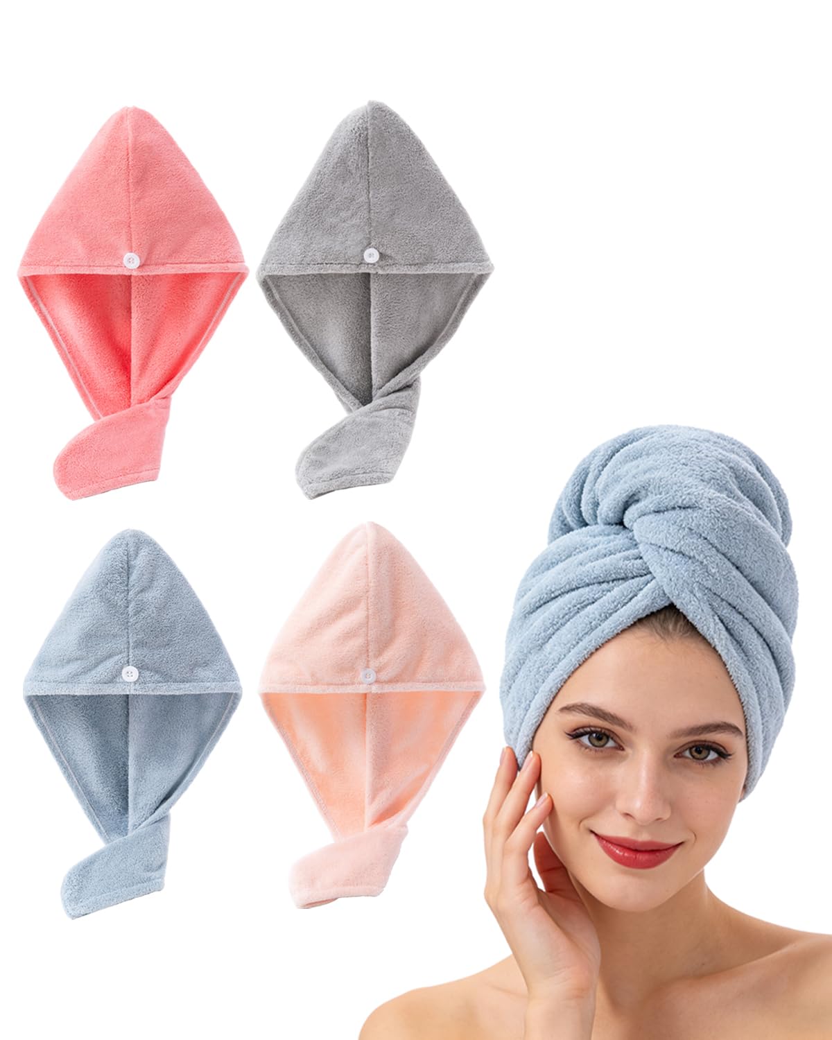Lumimi 2er-Set Haarturban Kopfhandtuch aus Mikrofaser Extra Saugfähig Schnelltrocknend Flauschig Knopfverschluss