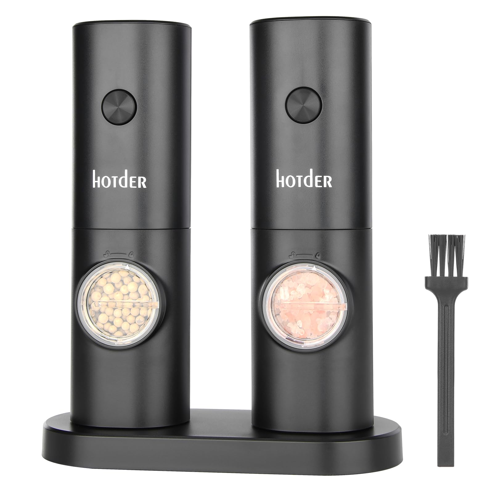 Hotder Electric Salt and Pepper Grinder Set, Battery Powered Automatic Pepper Mill with Stand, Refillable Salt Grinder Set with LED Light for Home Kitchen
