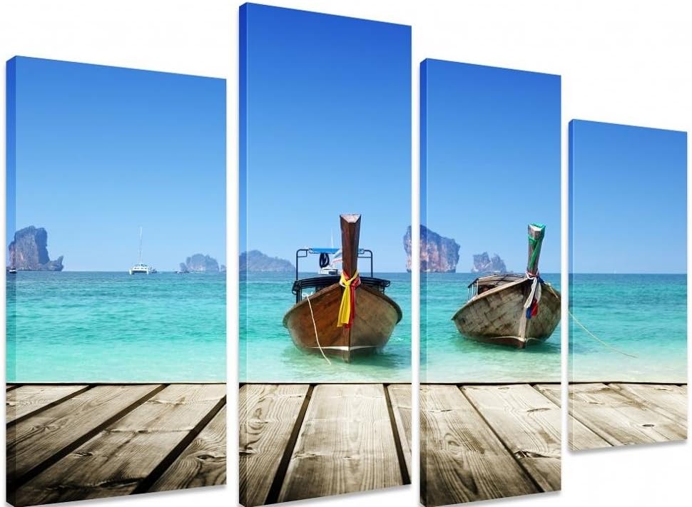 PICTURE - Multi Split Panel Canvas Artwork Art - Beach Boats Andaman Sea Thailand Water Blue Sky Clear Tropical - ART Depot OUTLET - 4 Panel - 101cm x 71cm (40"x28")