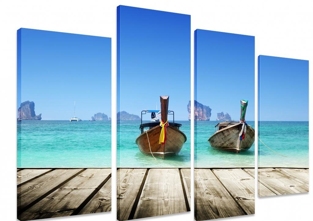 PICTURE - Multi Split Panel Canvas Artwork Art - Beach Boats Andaman Sea Thailand Water Blue Sky Clear Tropical - ART Depot OUTLET - 4 Panel - 101cm x 71cm (40"x28")