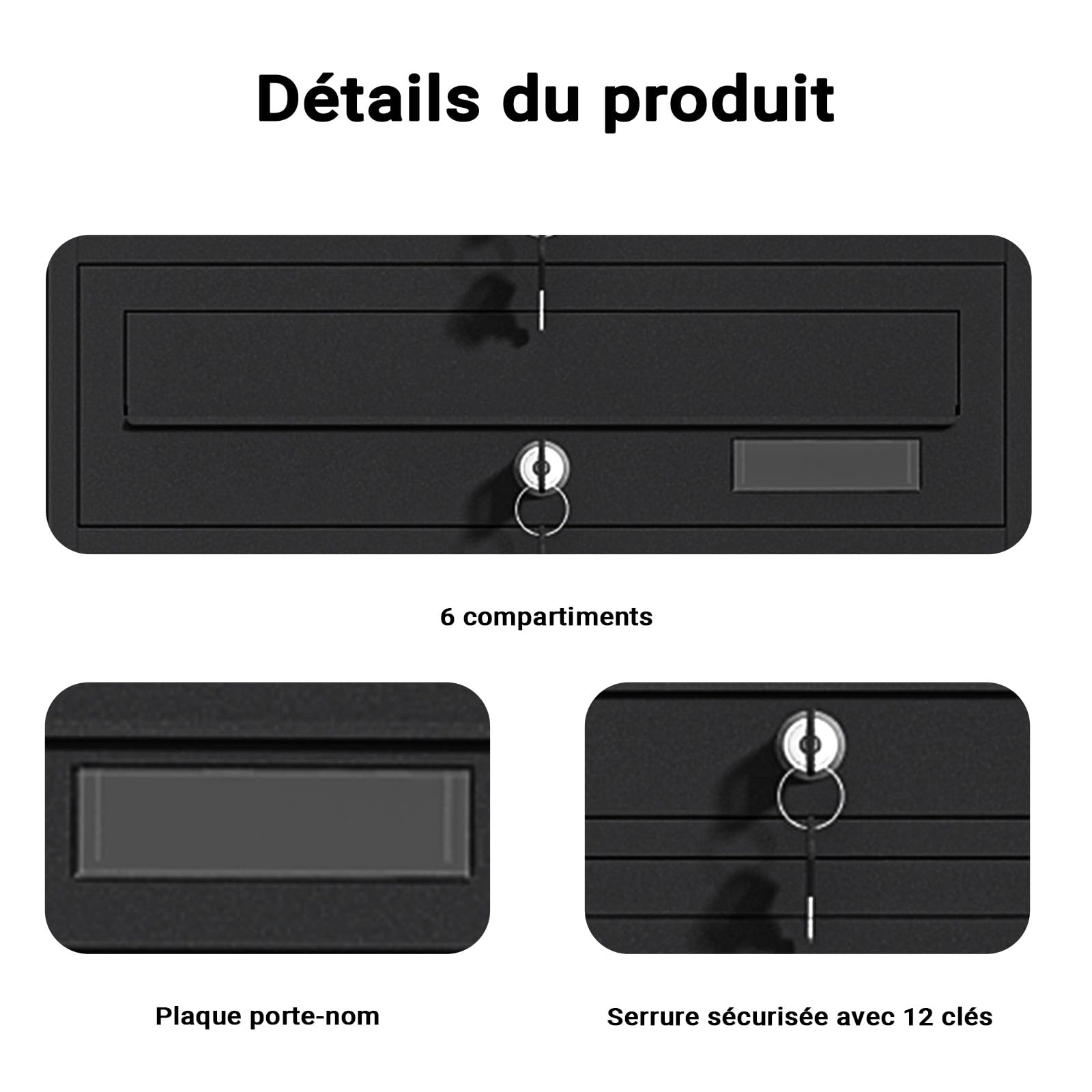 Wiltec Boîte aux Lettres sur Pieds Noire 556 x 270 x 1500 mm, avec 6 Compartiments verrouillables et Porte-nom, Revêtement en Poudre, pour Courrier