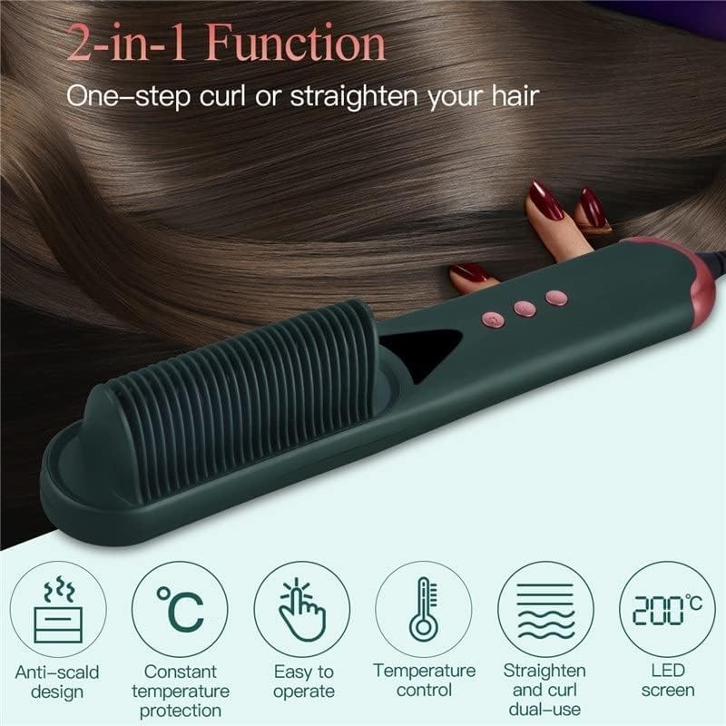 Plancha para el Cabello y Rizador Eléctrico con Cepillo Caliente, Tecnología de Iones Negativos, 7 Niveles de Temperatura, Ideal para Rizar y Alisar (Color: Verde) miniatura 2