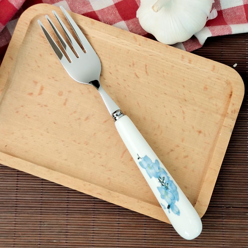 8inch/20cm White Ceramic Handle 18/10 Stainless Steel Dinner Fork Freesia Pattern,Sus304 Steak Table Forks Mirror Polished Edges Are Smooth (4PCS Forks Freesia)