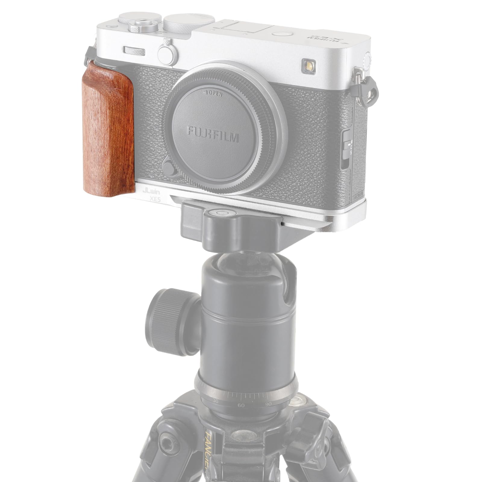 FOTGA Mango lateral de madera X-E5 ligero en forma de L para cámara Fujifilm X-E5 XE5, con soportes de 1/10.2 cm-20, placa de montaje de trípode Arca Swiss de liberación rápida (plata)