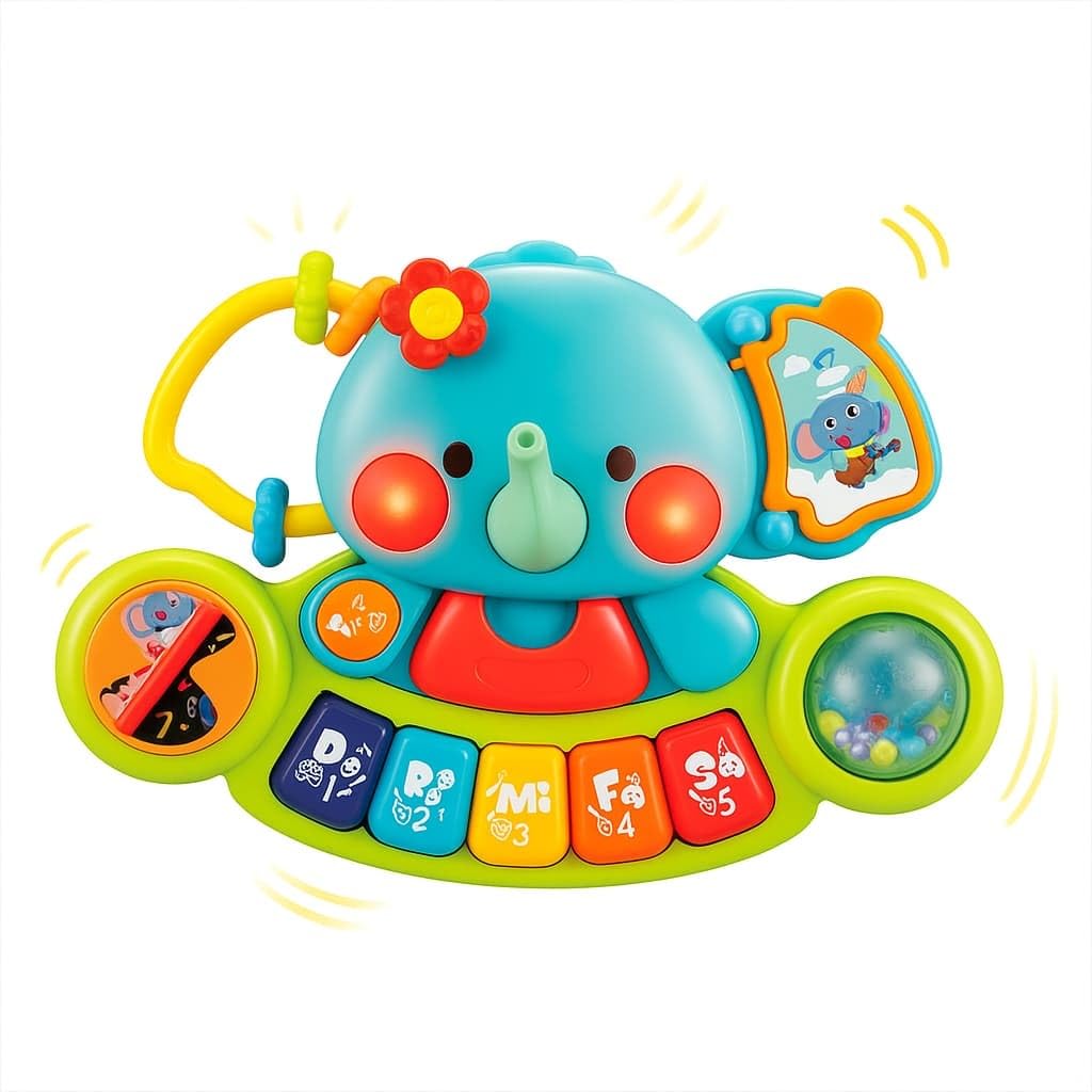Hola - Piano Infantil de Juguete - con Luces y Sonidos Reales de Instrumentos Musicales - Juego Elefante Musical con Teclado y 7 Actividades - Juguete Sensorial y Educativo - Regalo Bebe +6 Meses