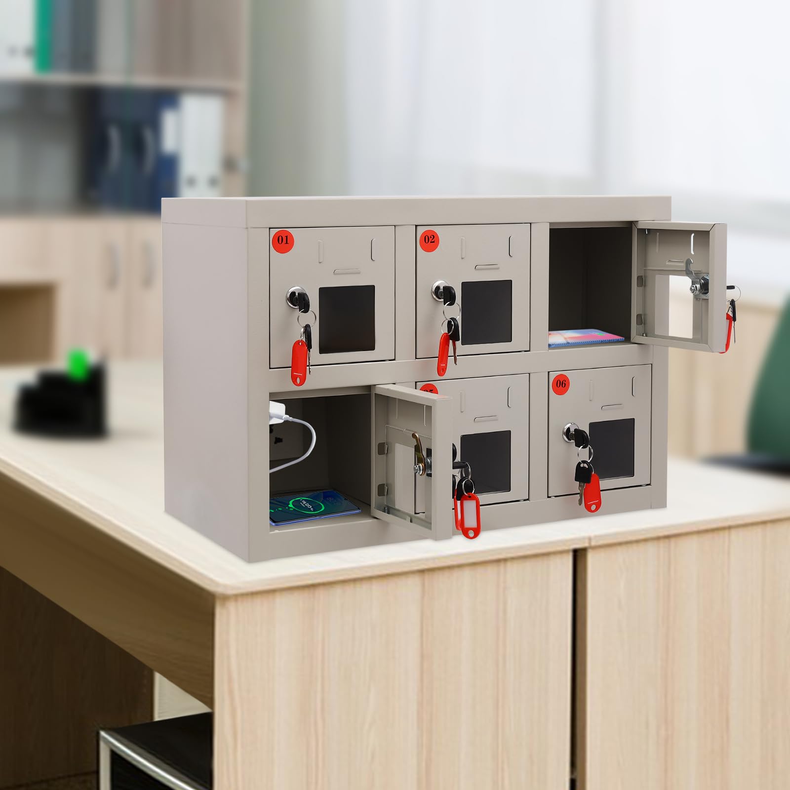 Cell Phone Steel Locker with Charging Station, 6 Slots Mobile Phone Charging Station Cabinet with Five-Hole Socket for Most Phones, Office Classroom Conference Rooms Cellphone Storage (6 Slots)