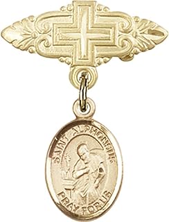 Gold Filled Baby Badge with St. Alphonsus Charm and Badge Pin with Cross 1 X 3/4 inches