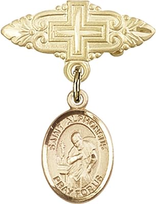 14kt Yellow Gold Baby Badge with St. Alphonsus Charm and Badge Pin with Cross 1 X 3/4 inches