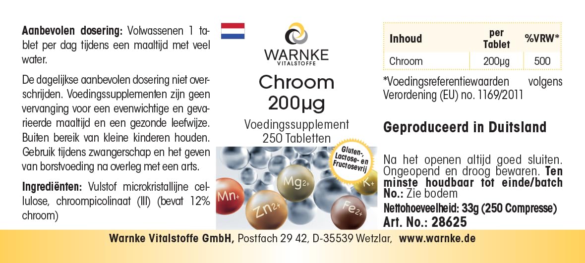 Chrom 200μg – 250 tabletek, każda zawierająca 200μg – wyprodukowano z pikolinianu chromu – WYSOKA DAWKA – niemiecka jakość farmaceutyczna – wegańskie | Warnke Vitalstoffe