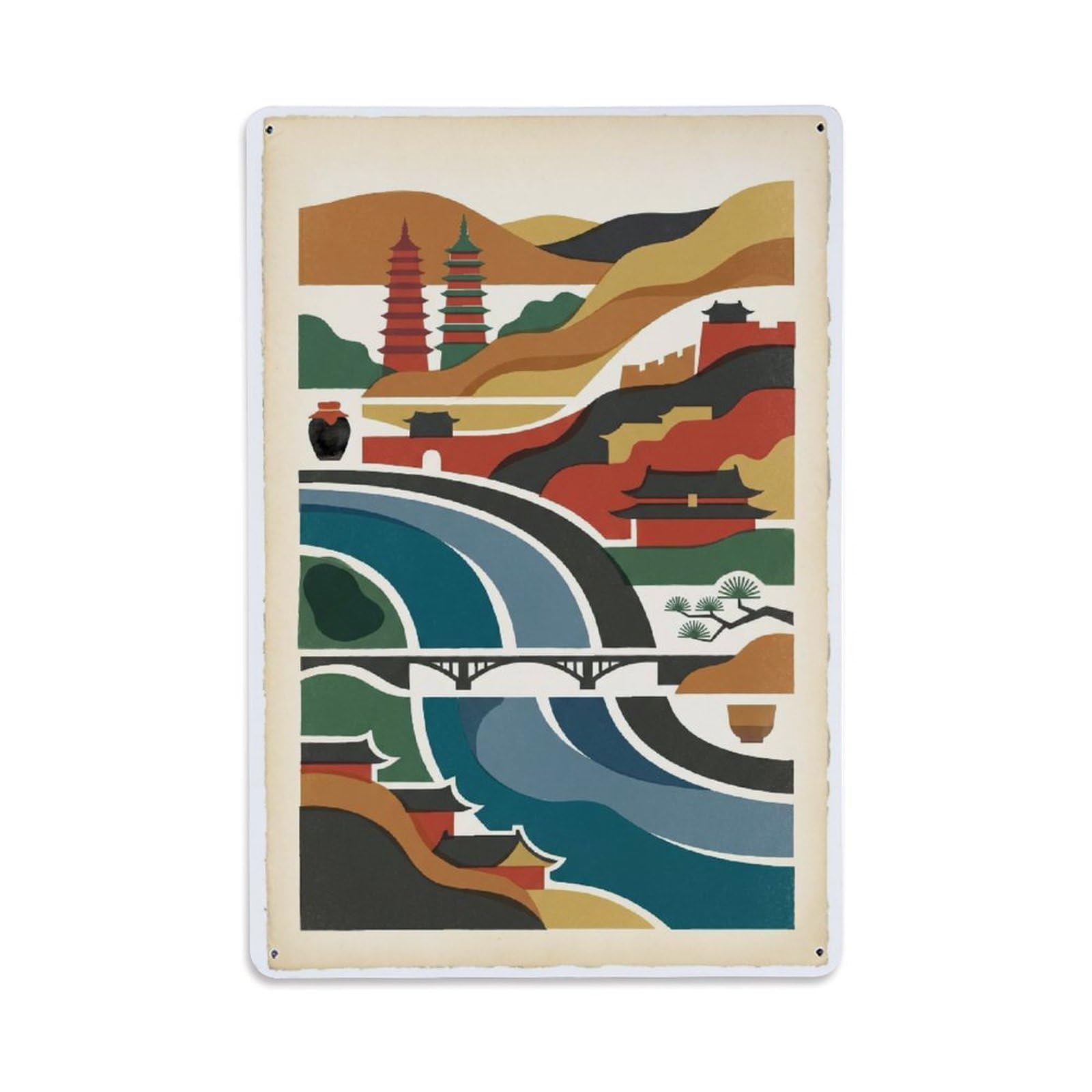 Okngb Style Scenic Waterway Travel Graphic Taiyuan China Mosaic Metal Tin Sign Plaque Wall Decor For Cafe, Man Cave, Club Bar, Office, Home Garden Round Metal Poster 8X12inch