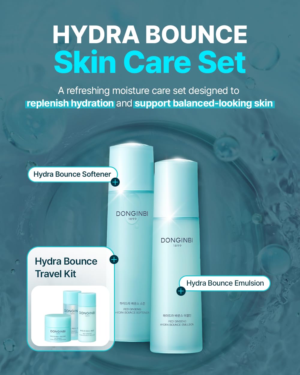 Donginbi Hydra Bounce Skin Care Set - Hydrating Toner(5.07 floz), Korean Red Ginseng Essence(4.4 floz), Firming Cream, and Face Moisturizer with Hyaluronic Acid, Korean Skin Care Gifts for Women