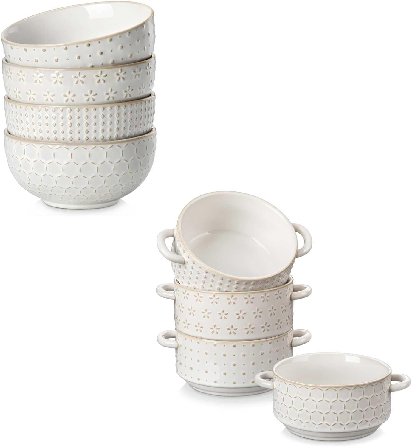 MALACASA Cereal Bowls, 30 Ounce Ceramic Soup Bowl for Kitchen, Stoneware Bowls Set of 4, and 20 oz Ceramic Soup Bowls with Handles, Set of 4 – Oven & Microwave Safe, Series LYDIA