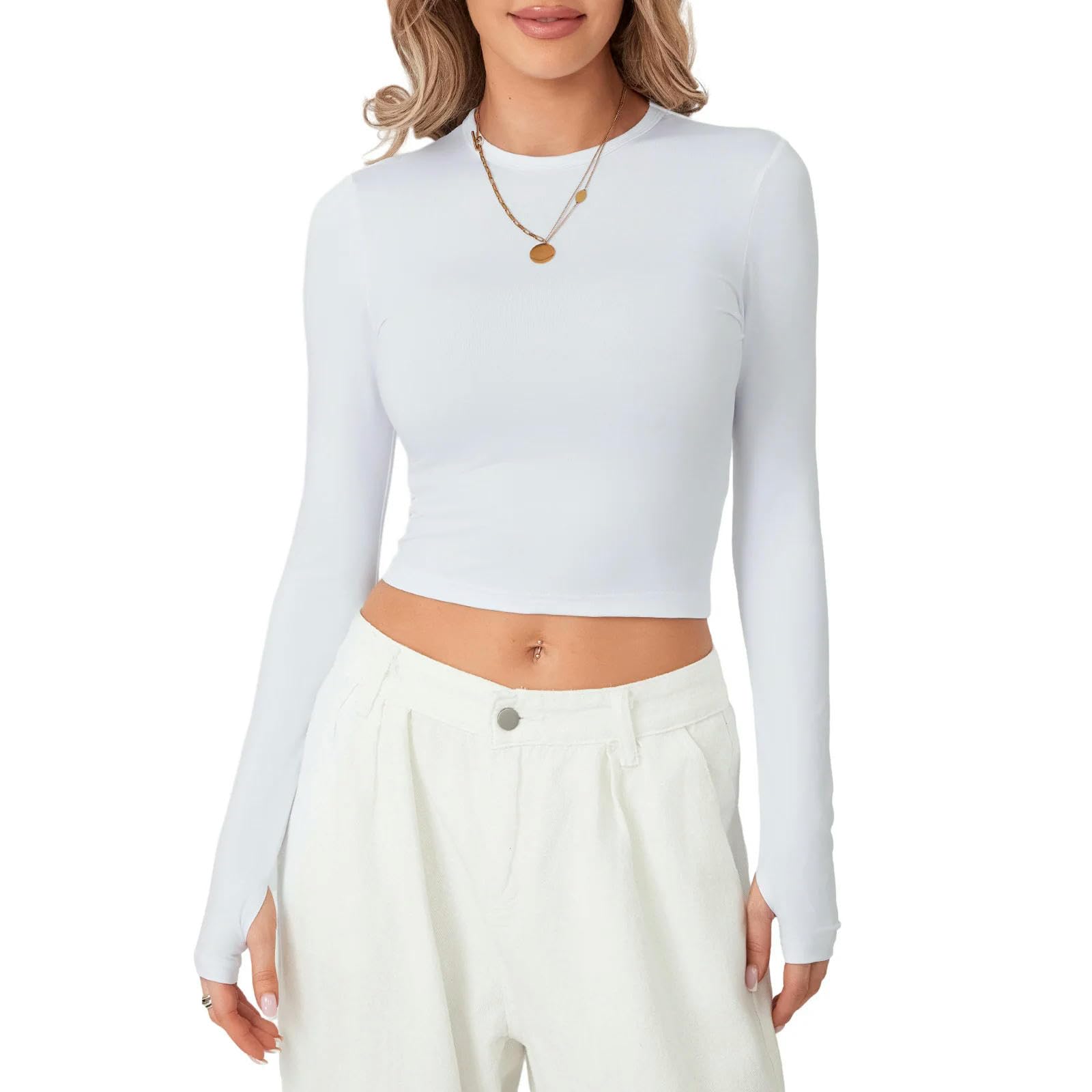 Women Long Sleeve Crew Neck Basic Crop Top Spring Street Basic T-Shirt with Thumb Holes-White-M