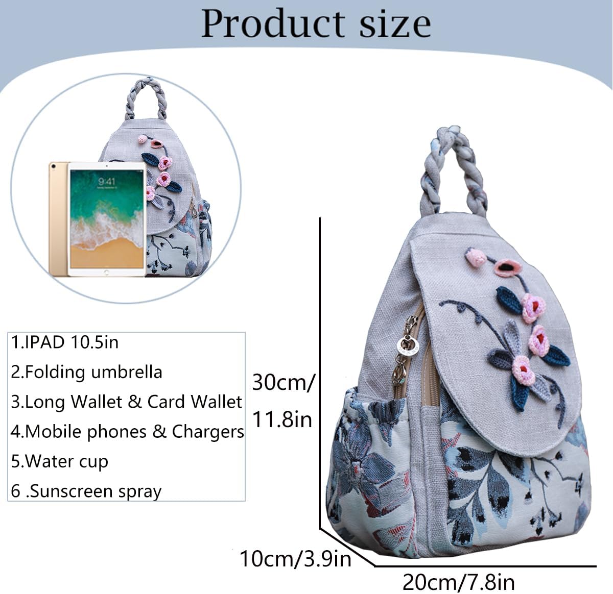 Ladies small backpack wallet, beautiful flowers summer fashion canvas leisure day ladies mini backpack, Beige - Image 3