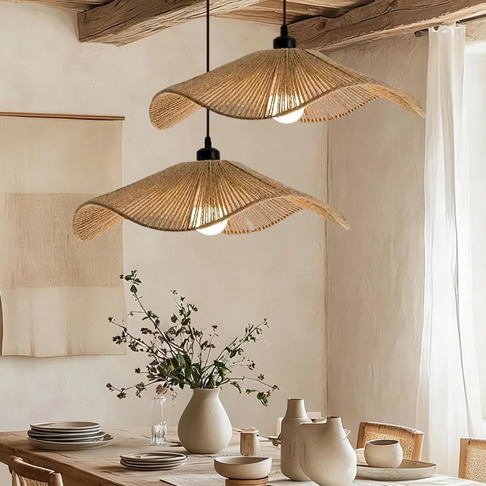 XQIDIANAA Rustic Woven Dome Pendant Light Hemp Rope Chandelier Fixtures Boho Woven Basket Pendant Light for Dining Room,Living Room,Bedroom Dia 23.6 Inch