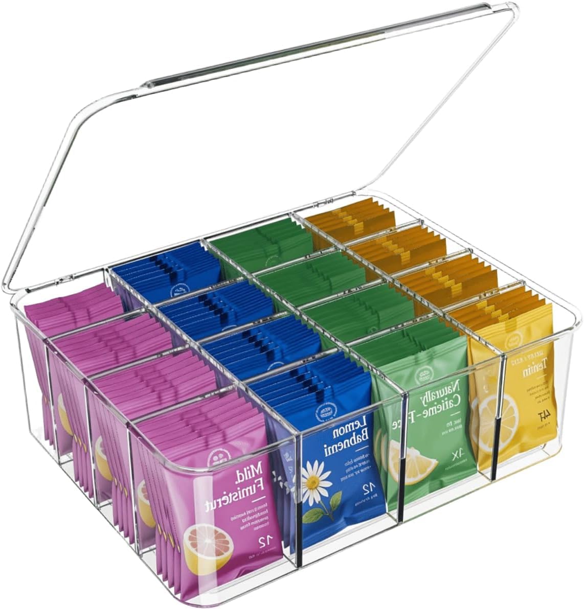 Tea Bags Organizer: Extra Large Tea Bag Holder Organizer with Lid, Acrylic Drink Packets Storage for Cabinet, Counter, Countertop, Drink Packets Caddy for 16 Different Types