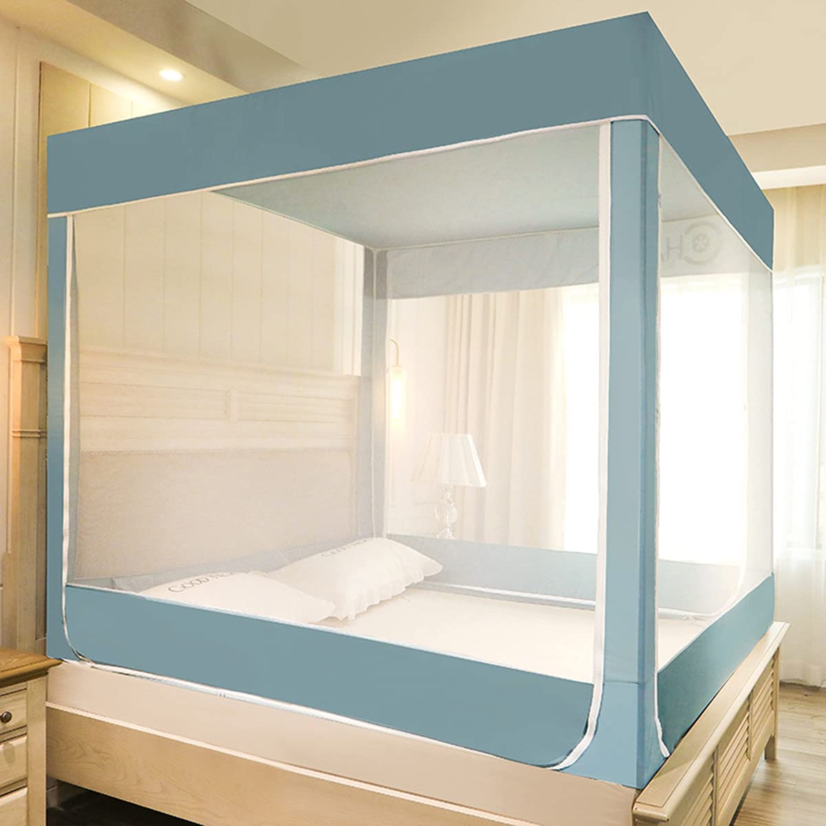 Moustiquaire de lit double bleu 1,8x2m avec fond anti-chute et 3 portes en maille de polyester