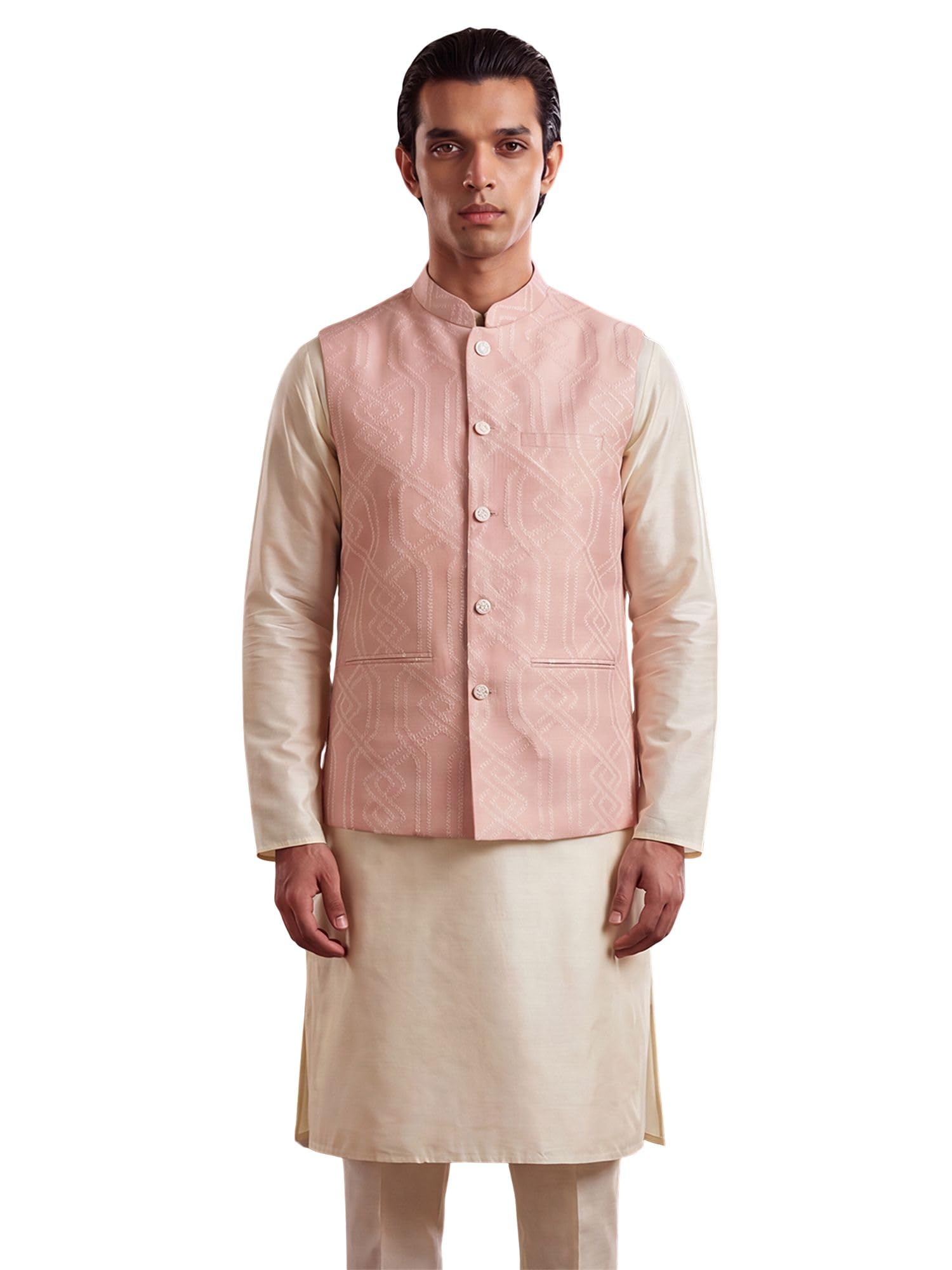Men's Pink Polyester Woven Design Nehru Jacket (Koti) | Mandarin Collar | Traditional Ethnic Waistcoat for Men | Festive, Wedding, Party & Celebration Wear-picture-46