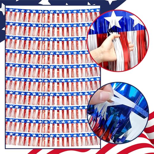 Image of 4th of July Decorations 10 Pack 10 Feet Foil Fringe Garland Tinsel Streamers Red White and Blue Star American Flag Banner Table Skirts for Parade Floats Memorial Day Patriotic Party (100 FT)