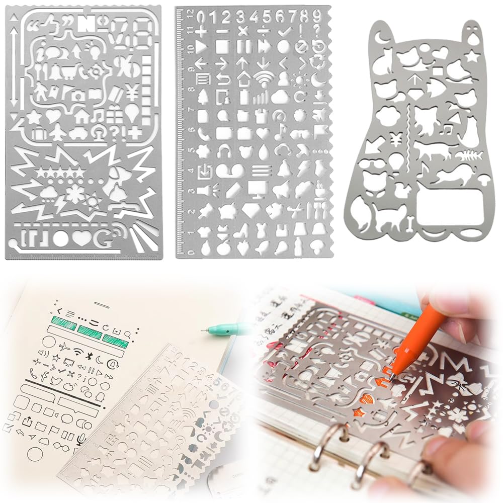 テンプレート定規 製図定規セット 金属材料 DIY 手作り製図定規 手帳用 図面テンプレート 描画テンプレート かわいい 楽しい絵柄 学生 子供 オフィス用 多機能定規 図面/しおり/落書き/測定（落書き定規+猫の模様+生活エレメント3枚セット ）