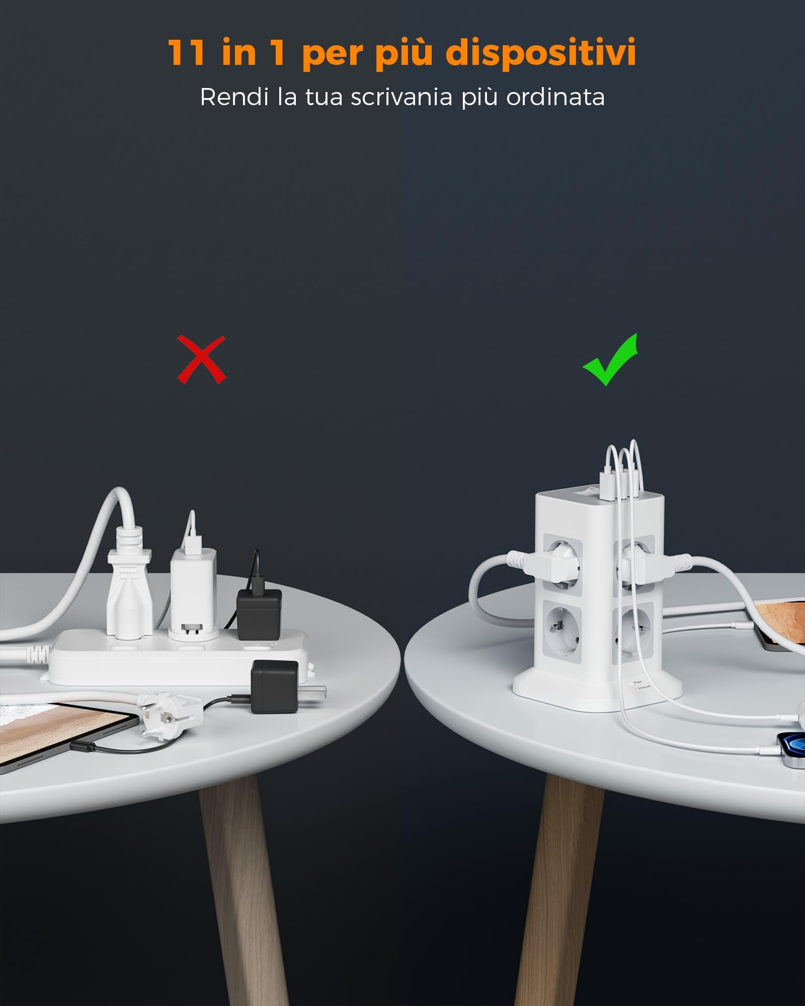 TESSAN Ciabatta Multipresa con USB, Multipresa Verticale con 8 Prese e 3 USB, Multi Presa Elettrica con Spina Piatta con Cavo 2M e Interruttore, 3600W