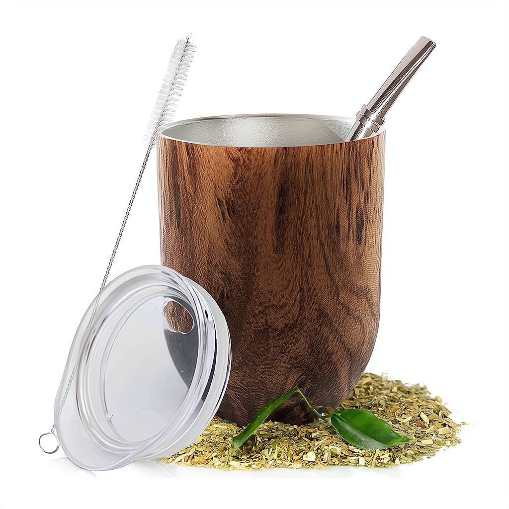 Yerba Mate Tea Cup Set, Stainless Steel Double-Walled Tea Cup for Yerba Mate Loose Leaf Drinking, Easy to Clean (Style B - 12oz - Natural Brown - with Bombilla Straw and Lid - 1 Pcs)