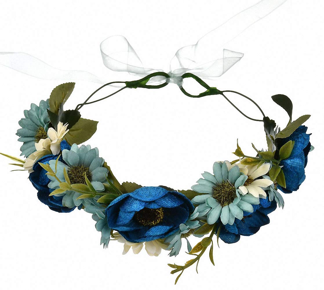 Ulalaza Adjustable Flower Headband Wreath Floral Garland Crown Headpiece Boho Bridal Hair Ribbon for Wedding Party Fall Sunflower