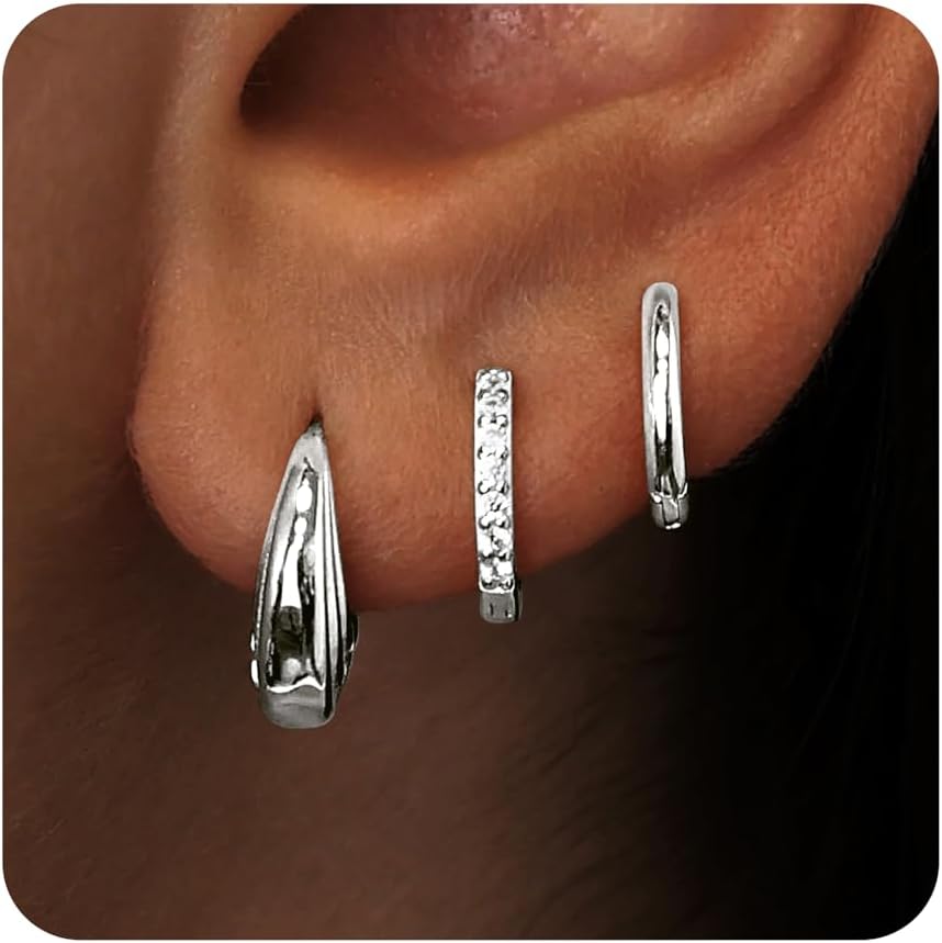 Ear Jewelry: Small Sterling Silver Huggie Hoop Earrings Set for Women