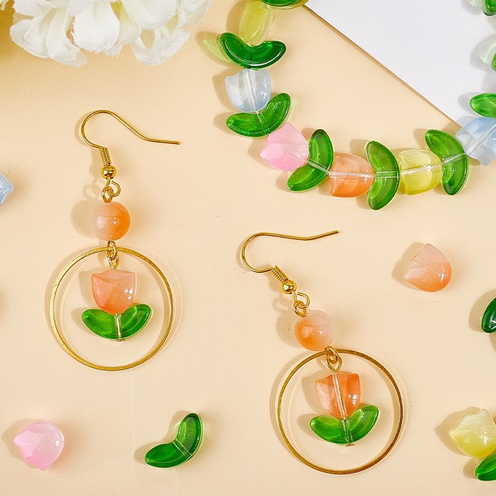 1 Box 240Pcs Tulip Flower Beads Floral Glass Beads Colorful Transparent Leaf Crystal Spring Summer Smooth Loose Spacer Charms Findings Sets for Jewelry Making Bracelets Necklaces DIY Crafts