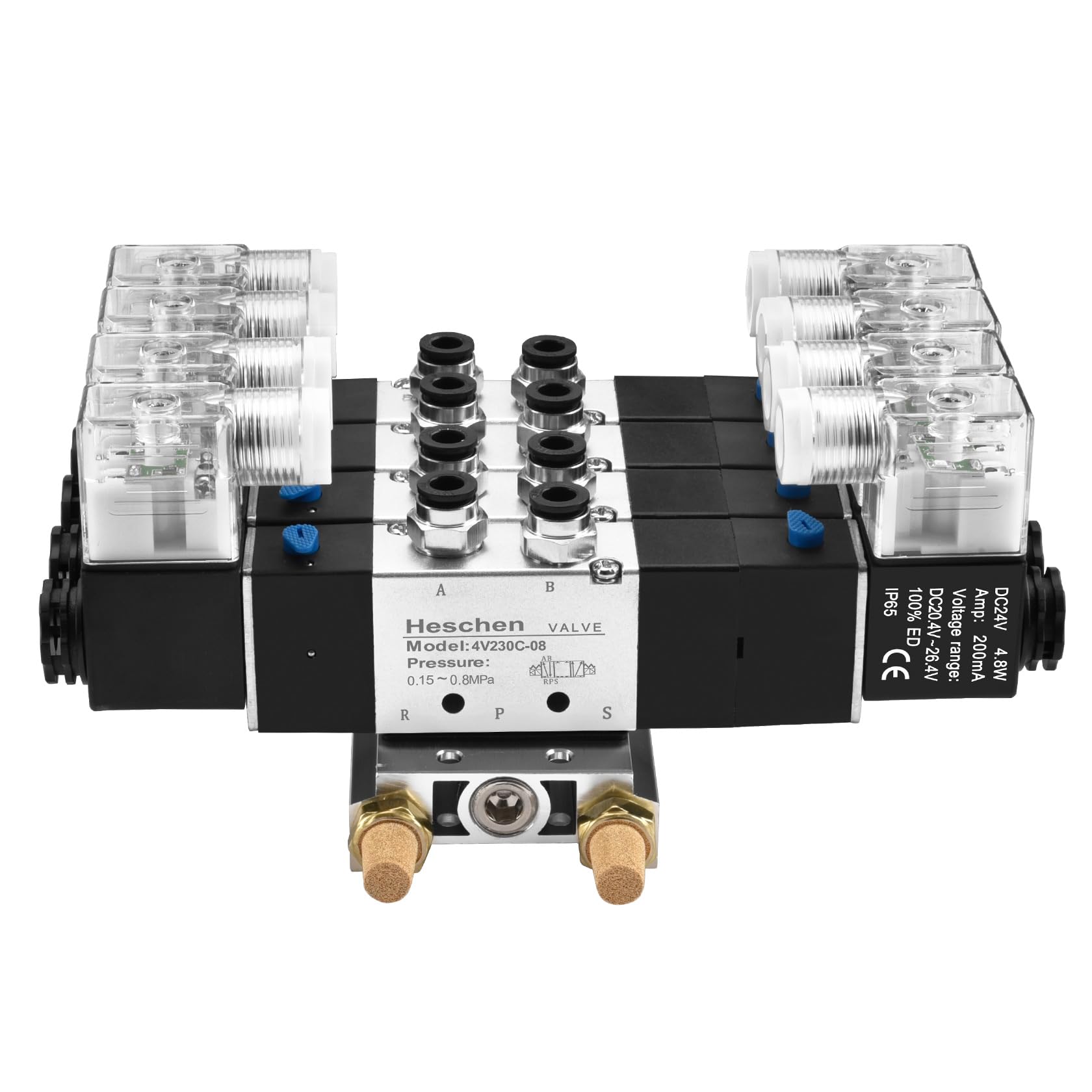 Heschen Elektryczny pneumatyczny 4 zawór elektromagnetyczny, 4V230C-08, 24VDC, PT1/4, 5-drożny 3-pozycyjny, podstawa kolektora, tłumik, zestaw szybkozłączek, CE