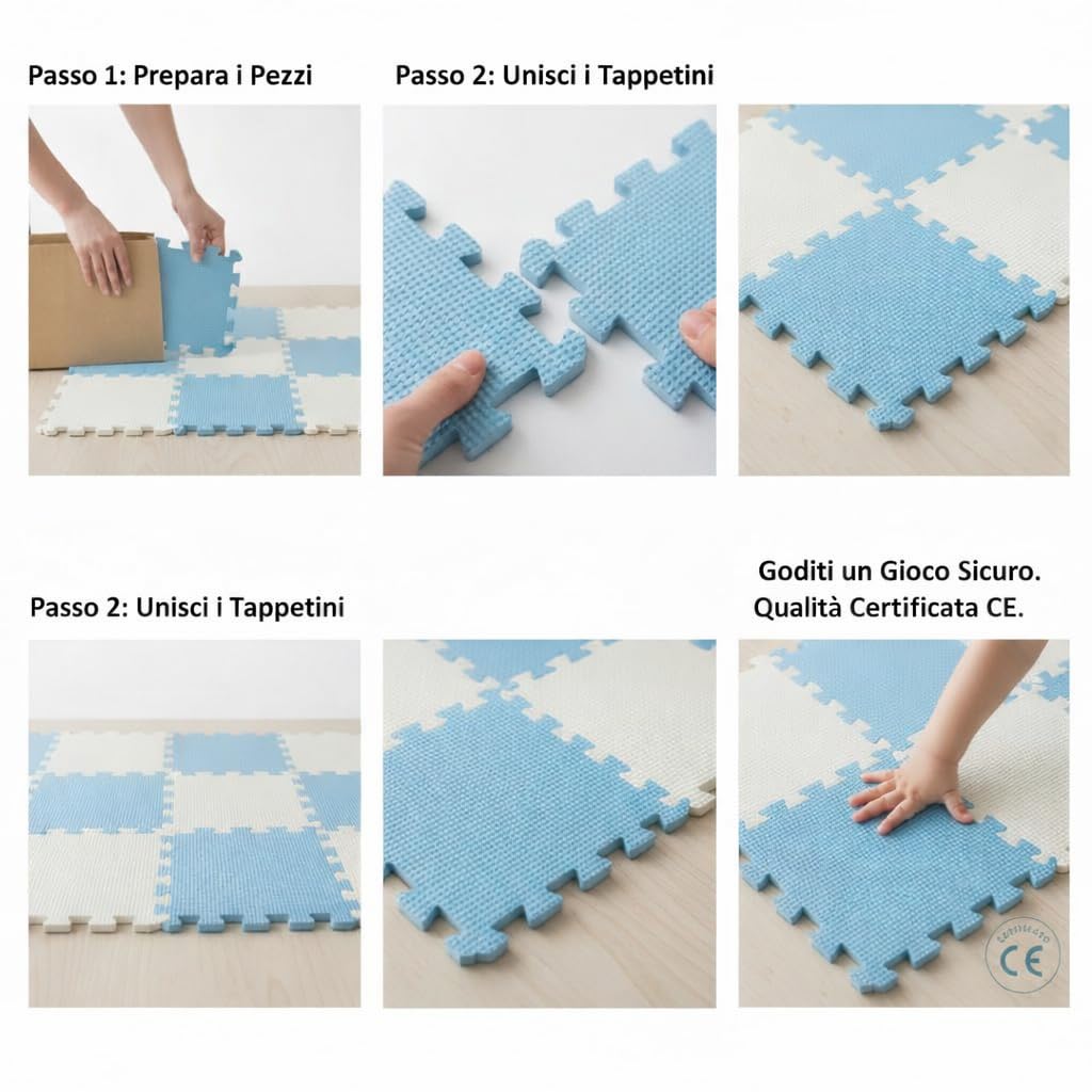 Tappeto Puzzle Bambini in EVA Antiscivolo – 18 Pezzi Blu e Grigio 29,5x29,5 cm, Morbido e Atossico, Tappetone Gioco per Gattonare, Certificato CE, WELLDER