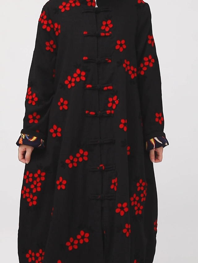LZJN Women Trench Coat Floral Embroidered Jacket Thick with