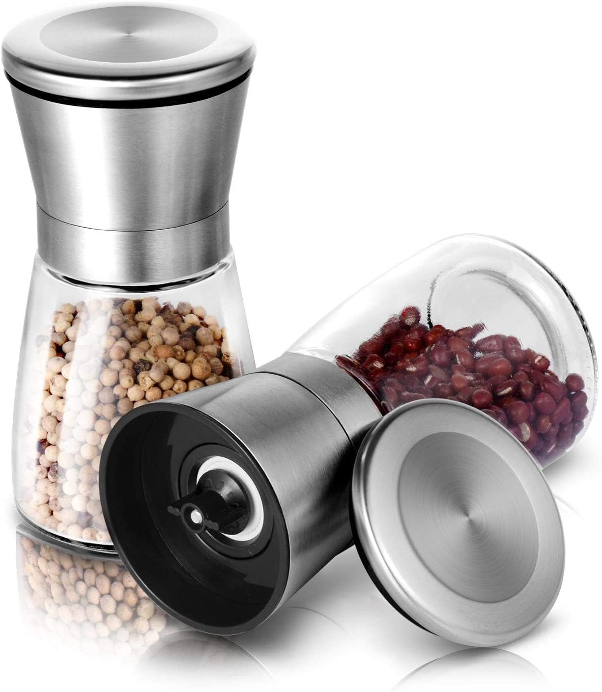WOODTULA Salt and Pepper Grinder Set of 2 - Refillable Salt Grinder - Black Pepper Grinder - Short Glass Shakers - Herb Shakers (Small, 2-pcs)