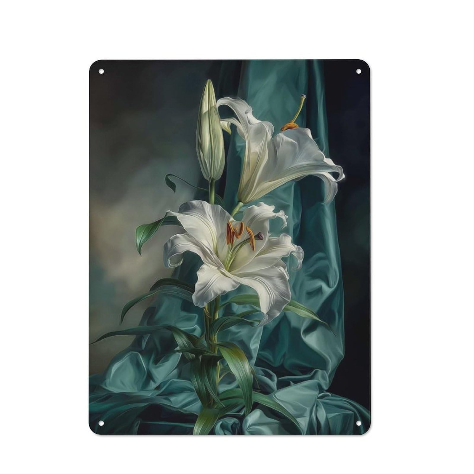 Elegant White Lilies with Teal Drapery Metal Wall Plaque, Easy to Hang Plaque for Garage, Shed, Workshop Or Hobby Room, 40x30cm