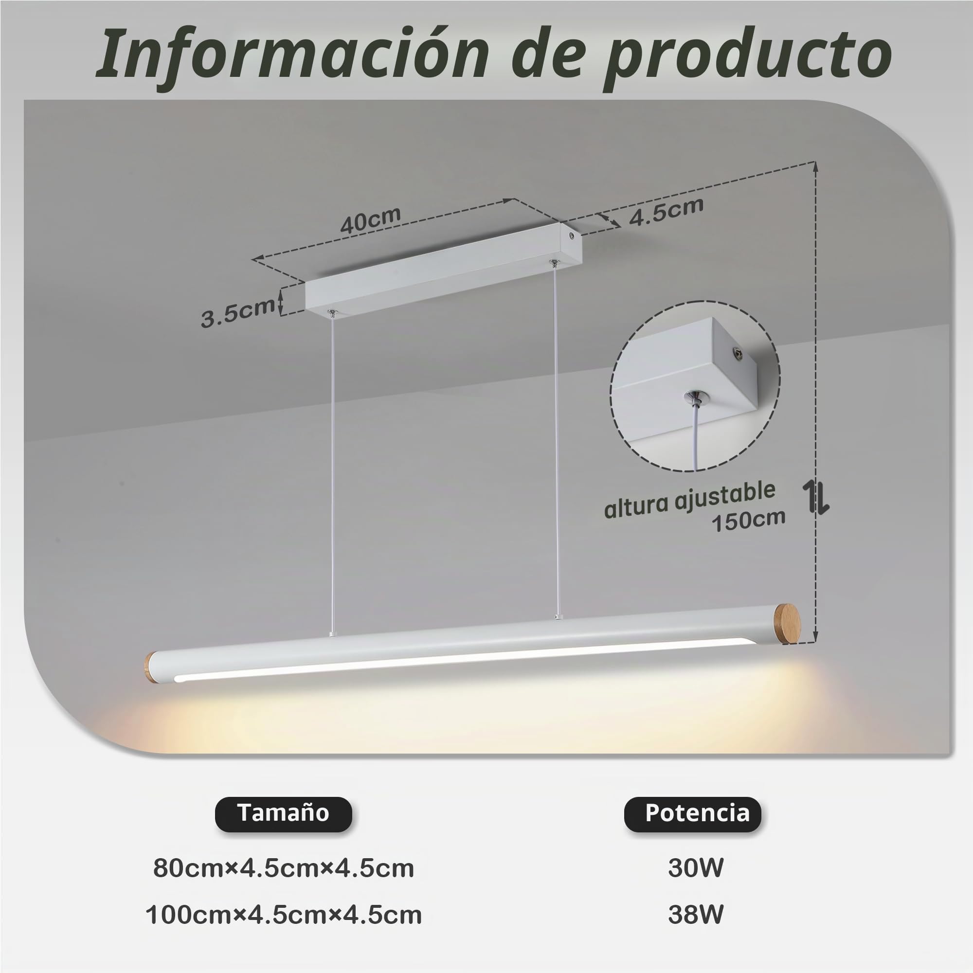 FANLG LED Lampara de techo colgante, 80CM Lampara Colgante Cocina Regulable con Control Remoto, 30W blanco Lampara Comedor lineal Iluminación Colgante regulable altura para Comedor Cocina Oficina