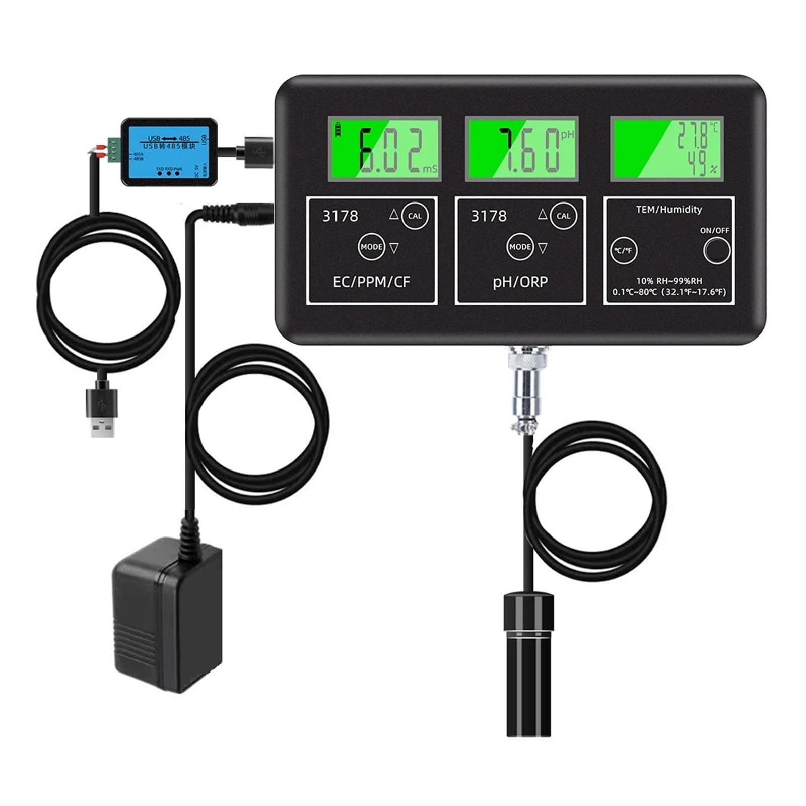 Tester Jakości Wody 7 W 1 Wielofunkcyjny Miernik EC/TDS/CF/pH/ORP/wilgotności/TEMP Z RS485 Na USB 24-godzinny Monitor Online DokłAdny Pomiar