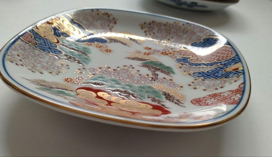 賞美堂 其泉 有田焼 春秋文 銘々皿 四角 小皿 取皿 金彩 5枚 手描き