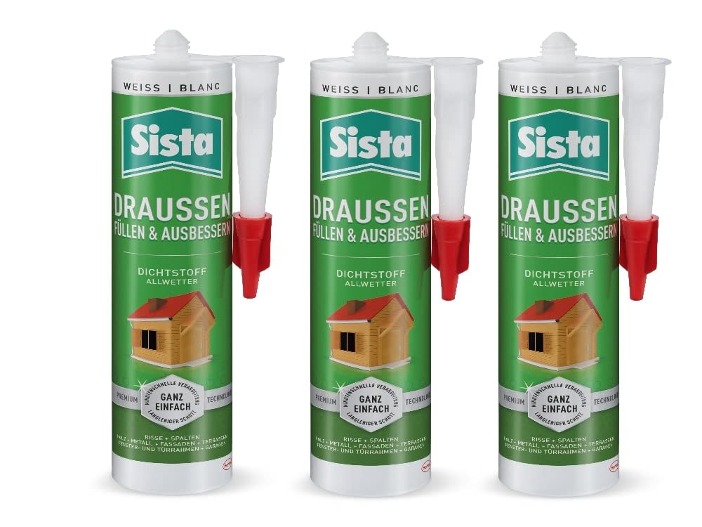 SISTA DRAUSSEN Füllen & Ausbessern, weißer Polymer Dichtstoff für den Außenbereich, wetterfestes Abdichten mit überstreichbarem Fugenfüller, 3x280ml Kartusche