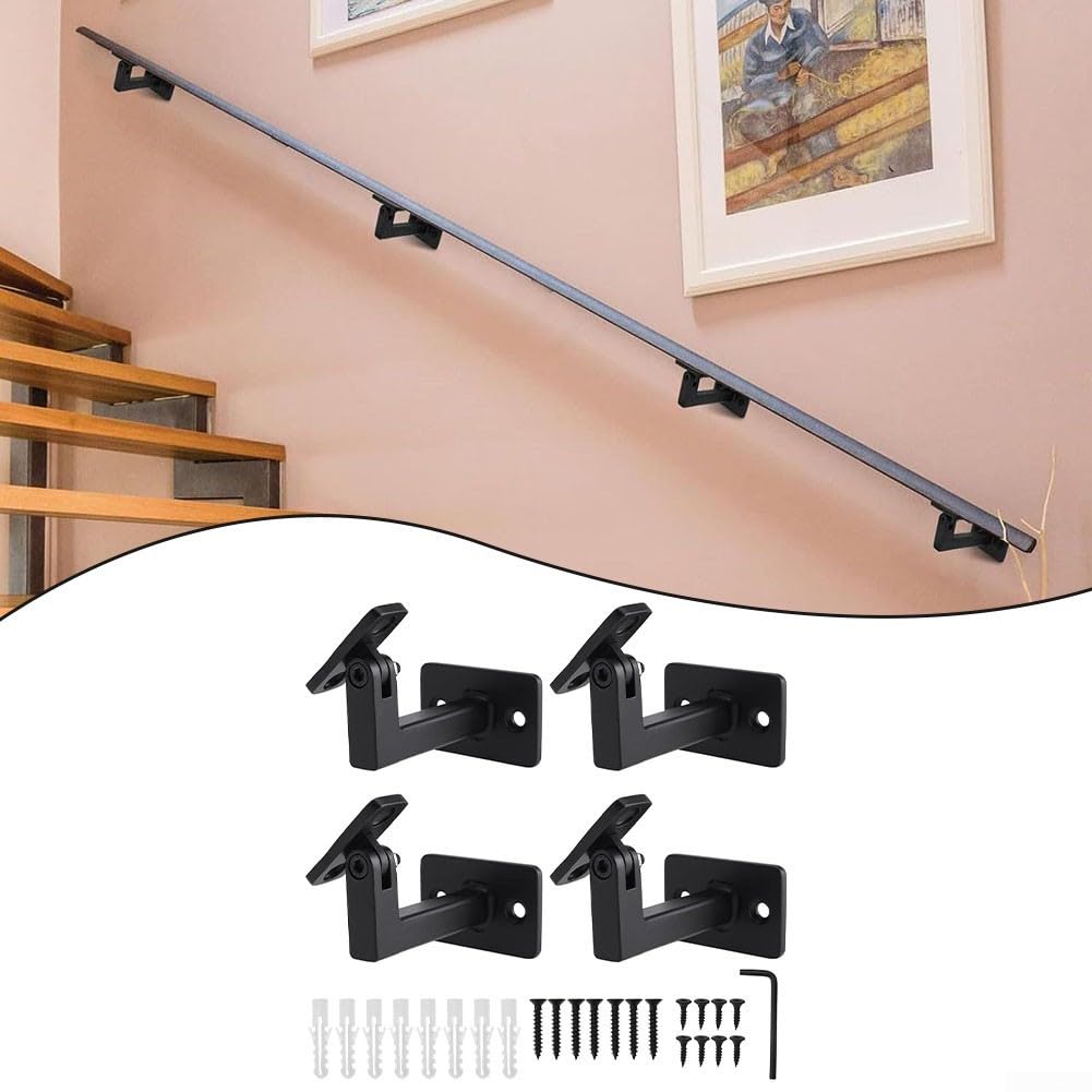 Staffa regolabile per corrimano, 4 pezzi, resistente nero staffe per corrimano per scale in ferro da parete supporto per corrimano per scale interne o scale esterne