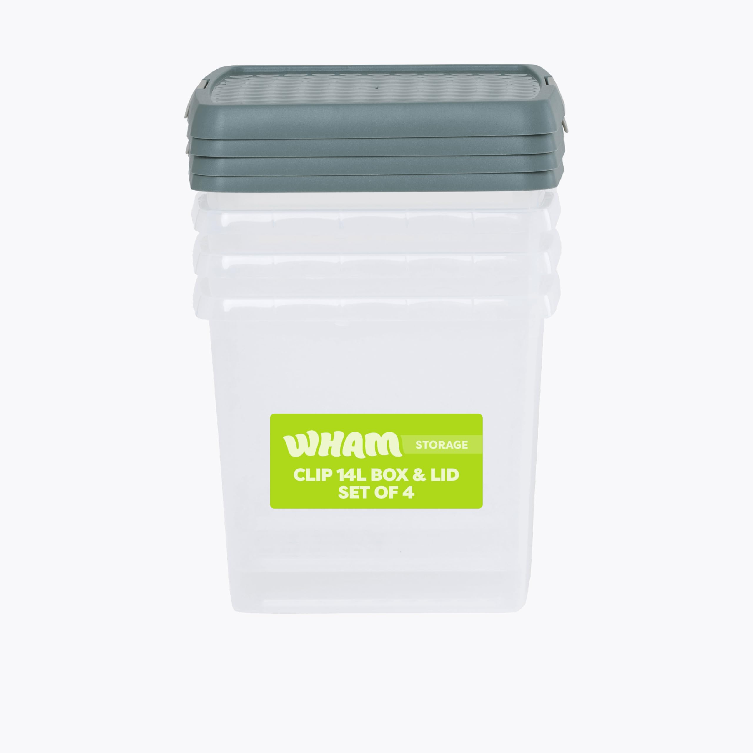 Wham Clear/Green Milieu Clip 4 X 14L Square Stackable Plastic Storage Boxes With Lids | Ideal For Home, Office, Toys & More | Storage Containers With Clip Locks | Made In Uk